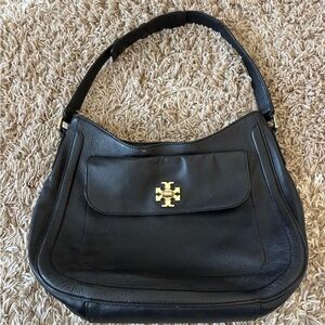 Tory Burch Black Leather Shoulder Hobo with Gold Logo